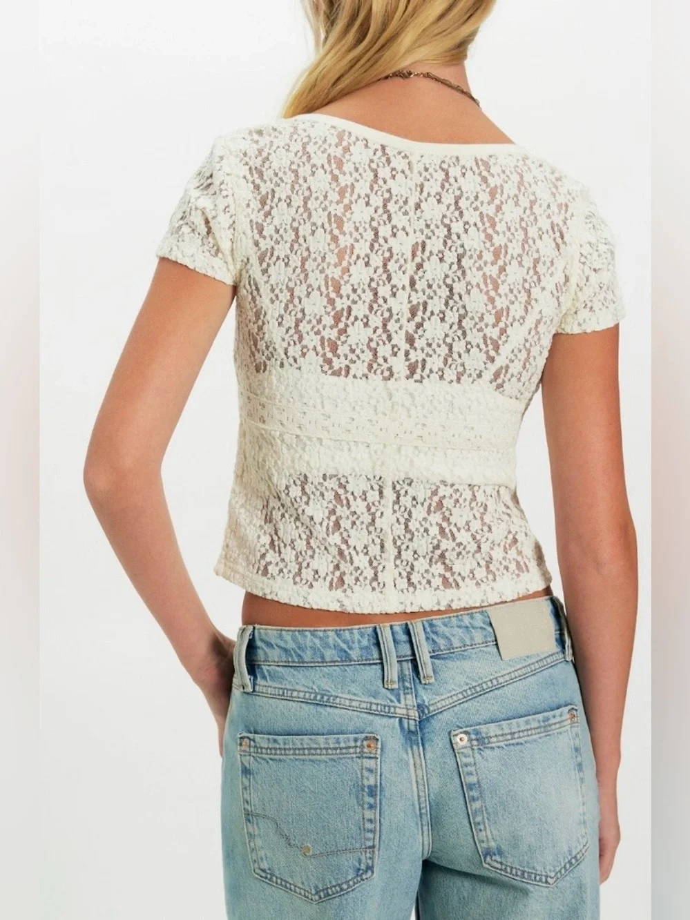 NWT FREE PEOPLE CLARO LACE TEE WHISPER WHITE